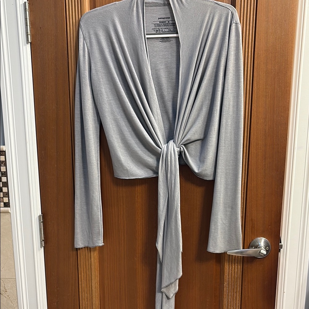 Patagonia Cardigan Top Glorya Wrap Twist Waterfall Gray Active Yoga Dance Ballet